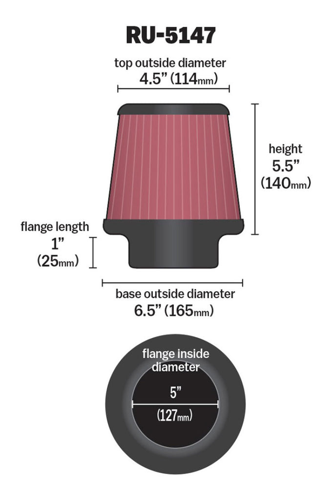 K&N Engineering RU-5147 FITS:K&N Filter Universal Rubber Filter 5in Flange 6.5in Base 4.5in Top 5.5in Height Air Filters Universal Fit