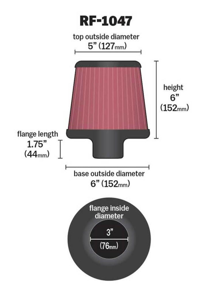 K&N Engineering RF-1047 FITS:K&N Round Tapered Universal Air Filter 3 inch Flange 6 inch Base 5 inch Top 6 inch Height Air Filters Universal Fit