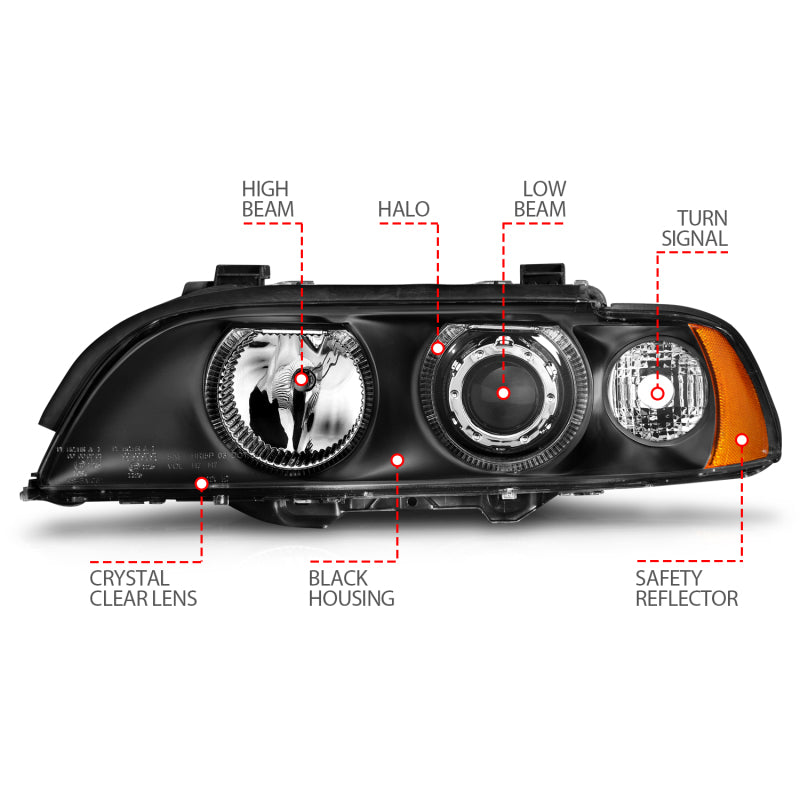 ANZO 121017 FITS: 1997-2001 BMW 5 Series Projector Headlights w/ Halo Black Headlights