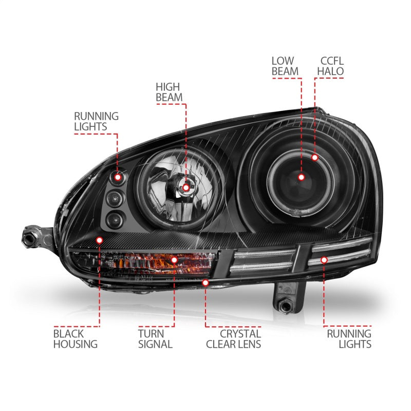 ANZO 121345 FITS: 2006-2009 Volkswagen Rabbit Projector Headlights w/ Halo Black (CCFL) Headlights