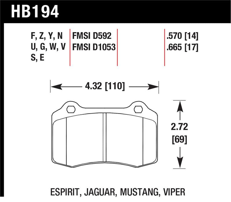Hawk Performance HB194F.665 FITS: -Hawk 92-00 Dodge Viper / 00 Mustang Cobra SVT HPS Street Front Brake Pads Brake Pads Performance