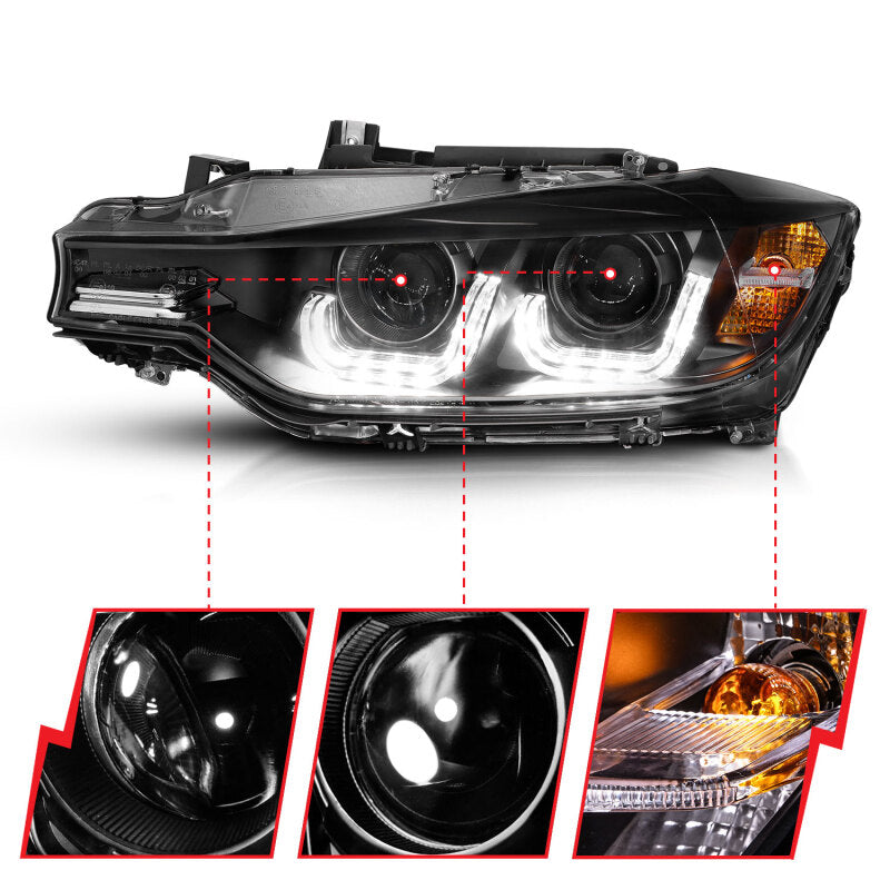 ANZO 121504 FITS: 2012-2015 BMW 3 Series Projector Headlights w/ U-Bar Black Headlights