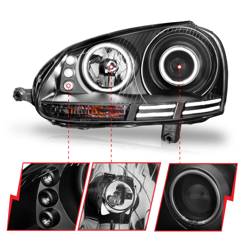 ANZO 121345 FITS: 2006-2009 Volkswagen Rabbit Projector Headlights w/ Halo Black (CCFL) Headlights