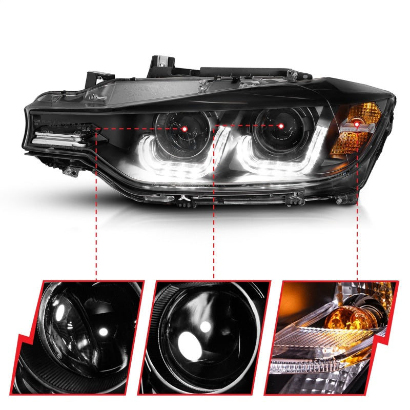 ANZO 121504 FITS: 2012-2015 BMW 3 Series Projector Headlights w/ U-Bar Black Headlights