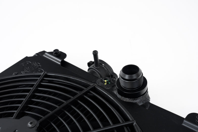 CSF 2858XB FITS: Universal Half Radiator w/-16AN & Slip-On Fittings/12in SPAL Fan & Shroud Black Finish Radiators