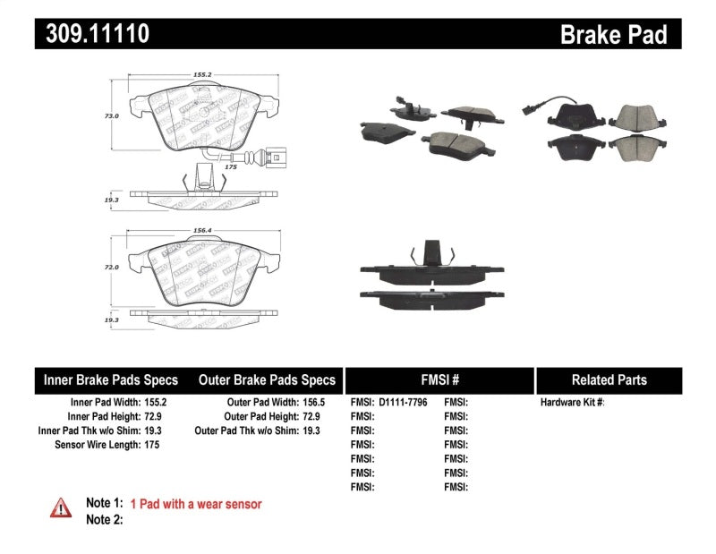 Stoptech 309.11110 FITS:StopTech Performance 08-13 Audi TT Quattro / 12 VW Golf R Front Brake Pads Brake Pads Performance