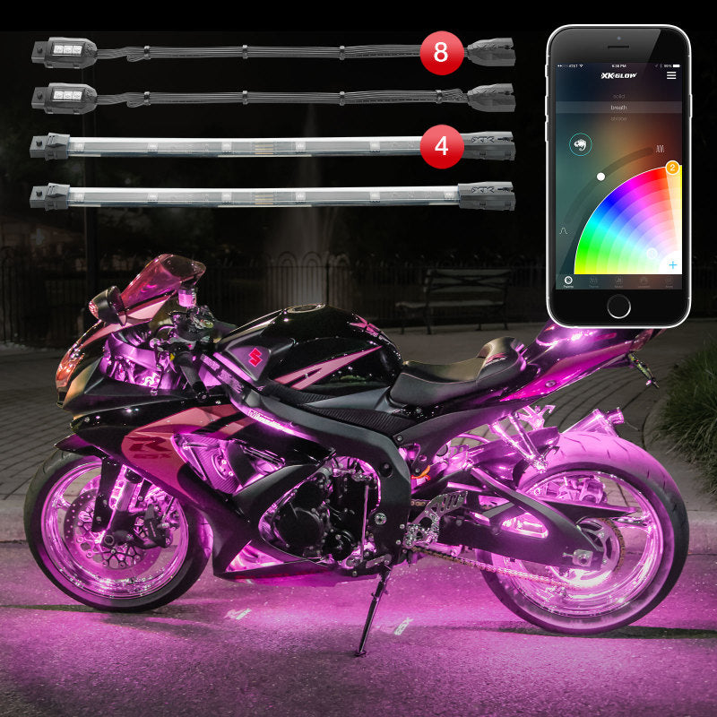 XKGLOW KS-MOTO-STANDARD FITS:XK Glow Strip Million Color XKCHROME Smartphone App ATV/Motorcycle LED Light Kit 8xPod + 4x10In Light Accessories and Wiring