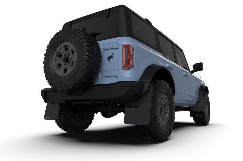 Rally Armor MF85-RR-PL-COR FITS: 21-25 Ford Bronco (Plstc Bmpr + RR NO Rptr/Sprt) Blk Mud Flap w/Cy Orange Logo Mud Flaps