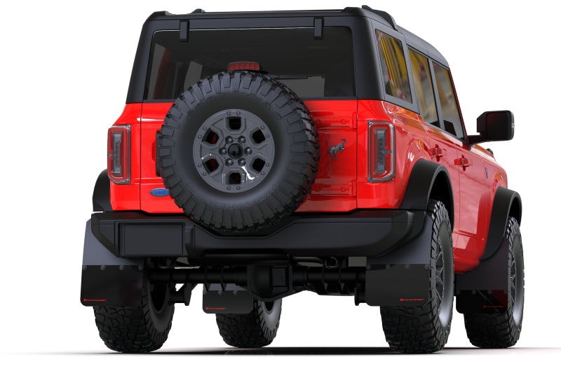 Rally Armor MF85-RR-ST-MBK FITS: 21-25 Ford Bronco (Steel Bmpr + RR NO Rptr/Sprt) Blk Mud Flap w/Met. Blk Logo Mud Flaps