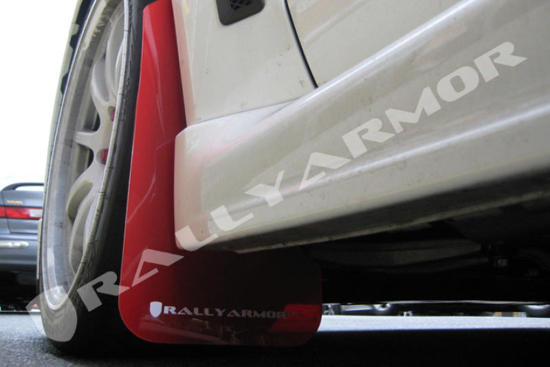 Rally Armor MF10-UR-RD/WH FITS: 08-17 Mitsubishi EVO X Red UR Mud Flap w/ White Logo Mud Flaps