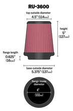 Load image into Gallery viewer, K&amp;N Engineering RU-3600 FITS:K&amp;N Universal Air Filter 4in Flange / 5-3/8 in Base / 4-1/2in Top / 5in Height Air Filters Universal Fit