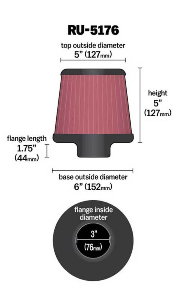 K&N Engineering RU-5176 FITS:K&N Universal Rubber Filter-Round Tapered 3in Flange ID x 6in Base OD x 6in Top OD x 5in H Air Filters Universal Fit