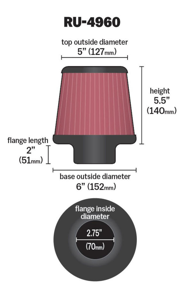 K&N Engineering RU-4960 FITS:K&N Filter Universal Rubber Filter 2 3/4 inch Flange 6 inch Base 5 inch Top 5 1/2 inch Height Air Filters Universal Fit