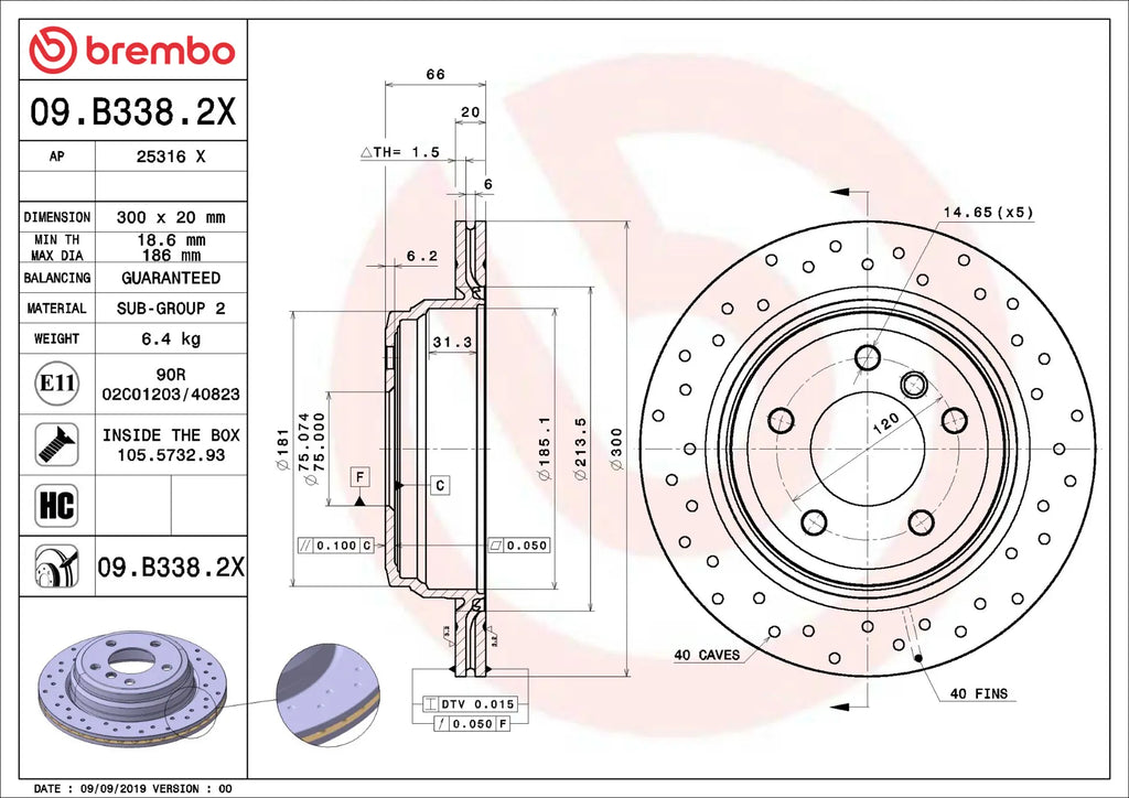 Brembo OE 09.B338.2X FITS:Brembo 2006 BMW 325xi/07-13 328i/09-13 328i xDrive Rear Premium Xtra Cross Drilled UV Coated Rotor Brake Rotors Drilled