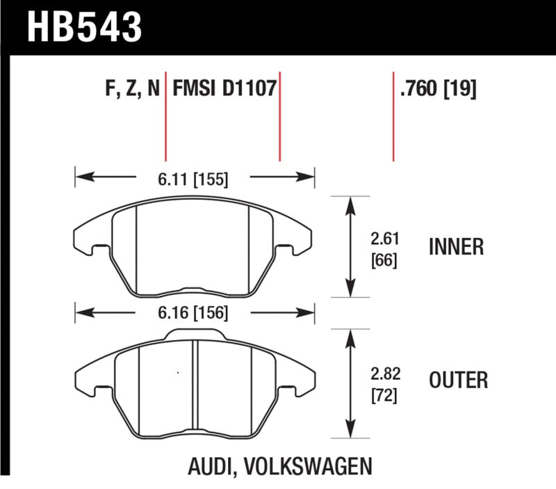 Hawk Performance HB543G.760 FITS: Hawk Audi A3/TT / VW EOS / Golf / Jetta / Passat / Rabbit DTC-60 Front Race Brake Pads Brake Pads Racing