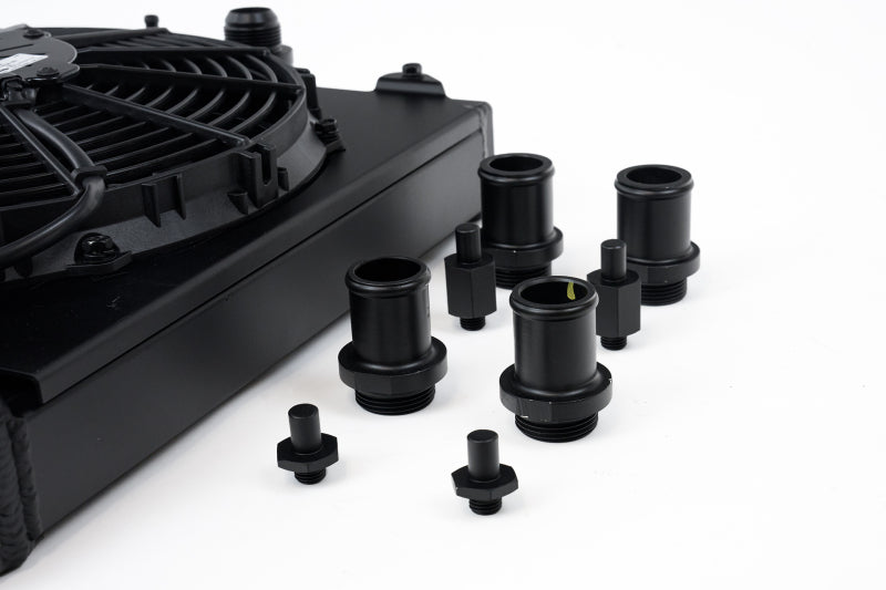 CSF 2858XB FITS: Universal Half Radiator w/-16AN & Slip-On Fittings/12in SPAL Fan & Shroud Black Finish Radiators