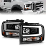 ANZO 111551 FITS: 99-04 Ford F250/F350/F450/Excursion (excl 99) Projector Headlights w/ Light Bar Black Housing Headlights