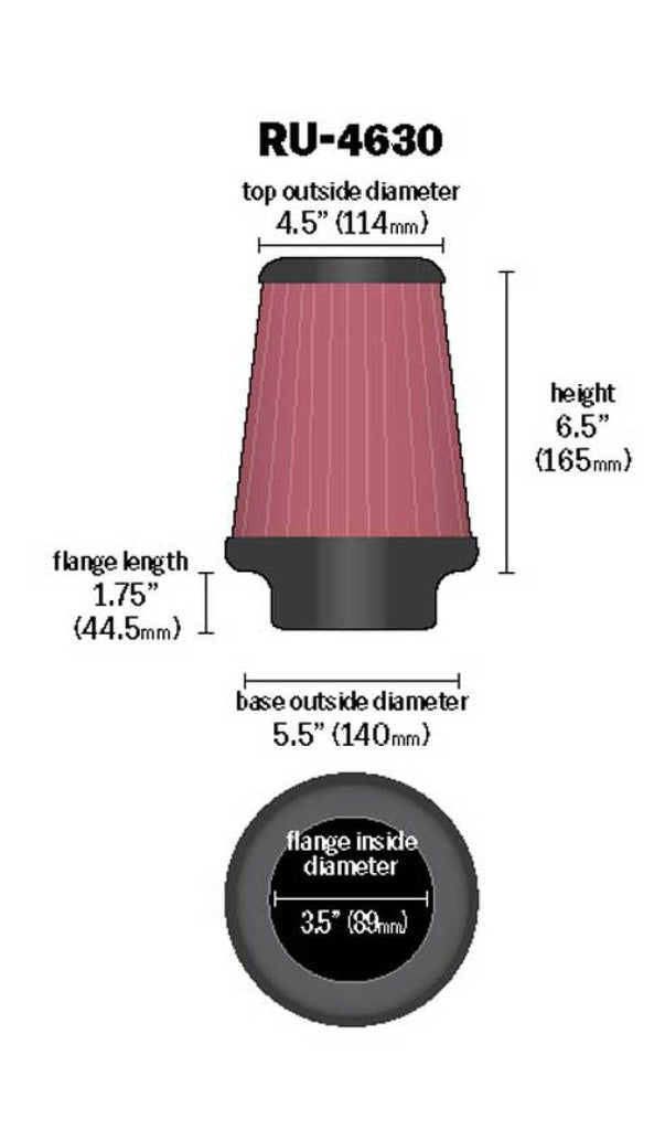 K&N Engineering RU-4630 FITS:K&N Universal Air Filter 3-1/2in Flange / 5-1/2in Base / 4-1/2in Top / 6-1/2in Height Air Filters Universal Fit
