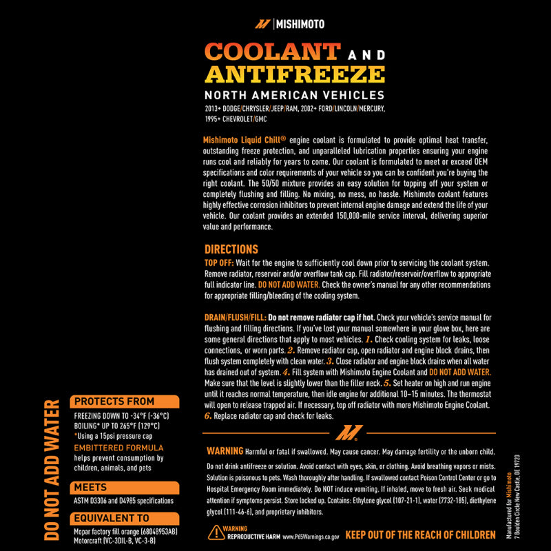 Mishimoto MMRA-LC-EG-OR FITS: Liquid Chill EG Coolant, North American Vehicles, Orange Coolants