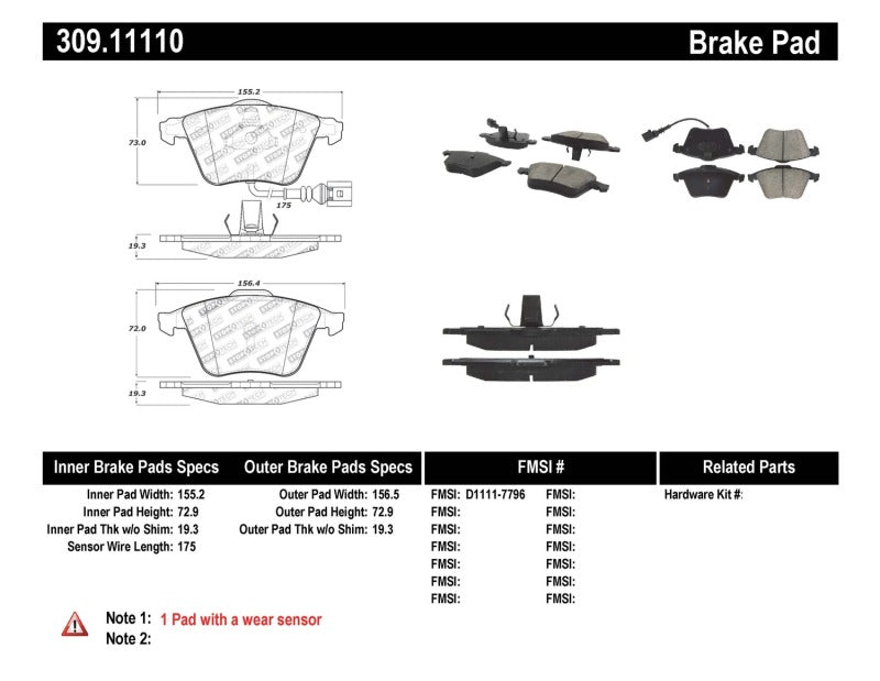 Stoptech 309.11110 FITS:StopTech Performance 08-13 Audi TT Quattro / 12 VW Golf R Front Brake Pads Brake Pads Performance