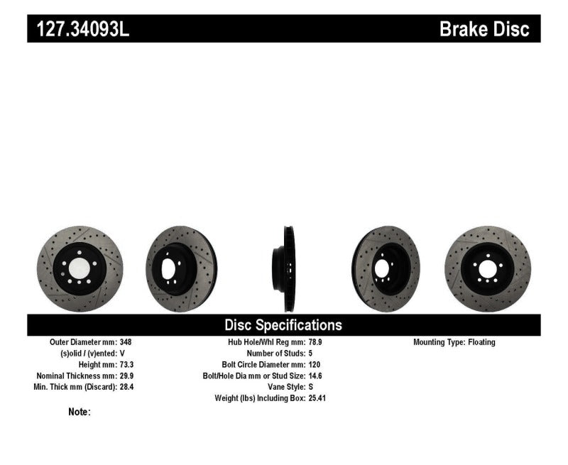 Stoptech 127.34093L FITS:StopTech 07-09 BMW 335 (E90/E92/E93) Slotted & Drilled Left Front Rotor Brake Rotors Slot & Drilled
