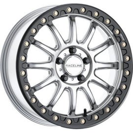 Raceline A14SB-77012+25 FITS: A14SB Alpha 17x7in/5x114.3 BP/25mm Offset/114.3mm Bore Silver & Blk Ring Beadlock Wheel Wheels Cast