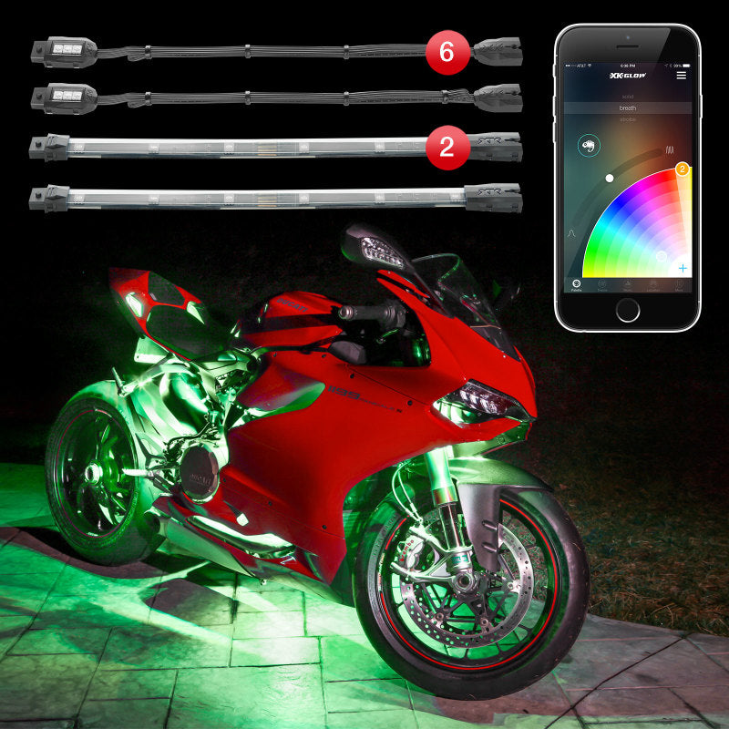 XKGLOW KS-MOTO-MINI FITS:XK Glow Strip Million Color XKCHROME Smartphone App ATV/Motorcycle LED Light Kit 6xPod + 2x10In Light Accessories and Wiring