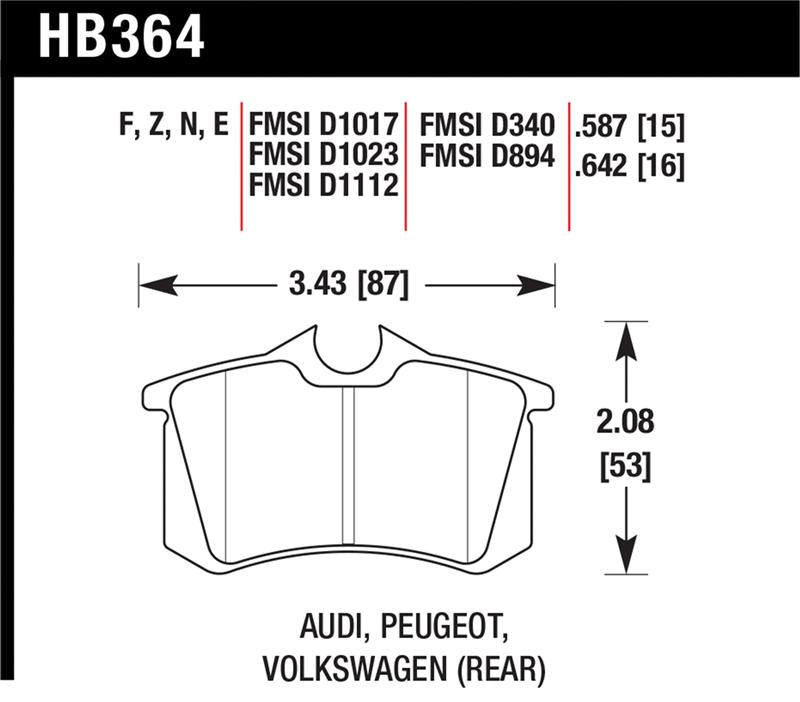 Hawk Performance HB364F.642 FITS:Hawk 89-92 VW Golf GTi / GLS Turbo/ GLX ( VR6) / 1.8 Turbo / VR6 / 00-06 Audi TT HPS Street Rear Bra Brake Pads Performance
