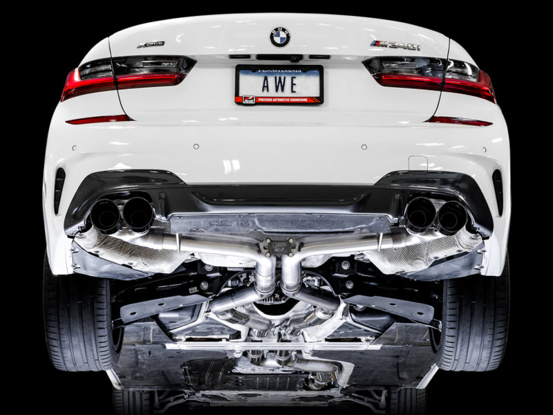 AWE Tuning 3020-43085 FITS: 2019+ BMW M340i (G20) Track Edition Exhaust Quad Diamond Black Tips Catback