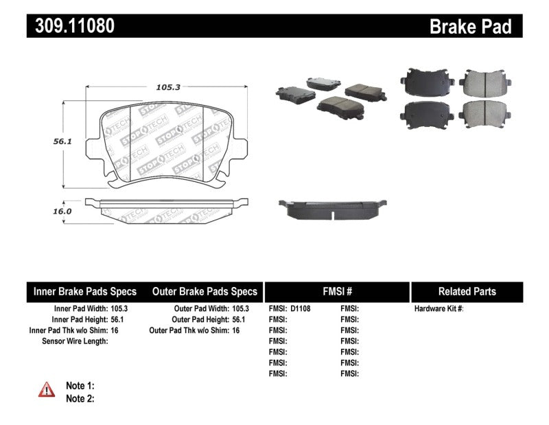 Stoptech 309.11080 FITS:StopTech Performance 06-09 Audi A3 / 05-09 Audi A4/A6 / 08-09 Audi TT / 06-09 VW GTI / 06-09 Jetta Brake Pads Performance