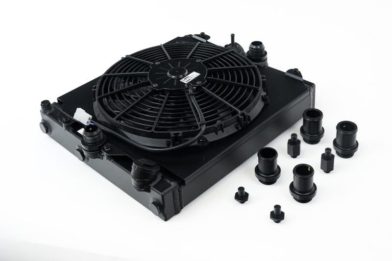 CSF 2858XB FITS: Universal Half Radiator w/-16AN & Slip-On Fittings/12in SPAL Fan & Shroud Black Finish Radiators