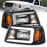 ANZO 111511 FITS: 2001-2011 Ford Ranger Crystal Headlights w/ Light Bar Black Housing Headlights
