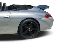 Load image into Gallery viewer, Silver polyurethane front lip and small ducktail spoiler for Porsche 996.1, upgrade from BetterBodies Motorsport, studio shot.