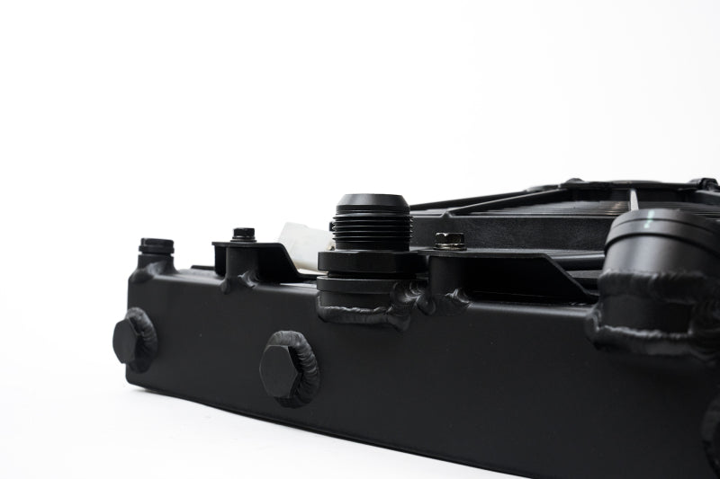 CSF 2858XB FITS: Universal Half Radiator w/-16AN & Slip-On Fittings/12in SPAL Fan & Shroud Black Finish Radiators