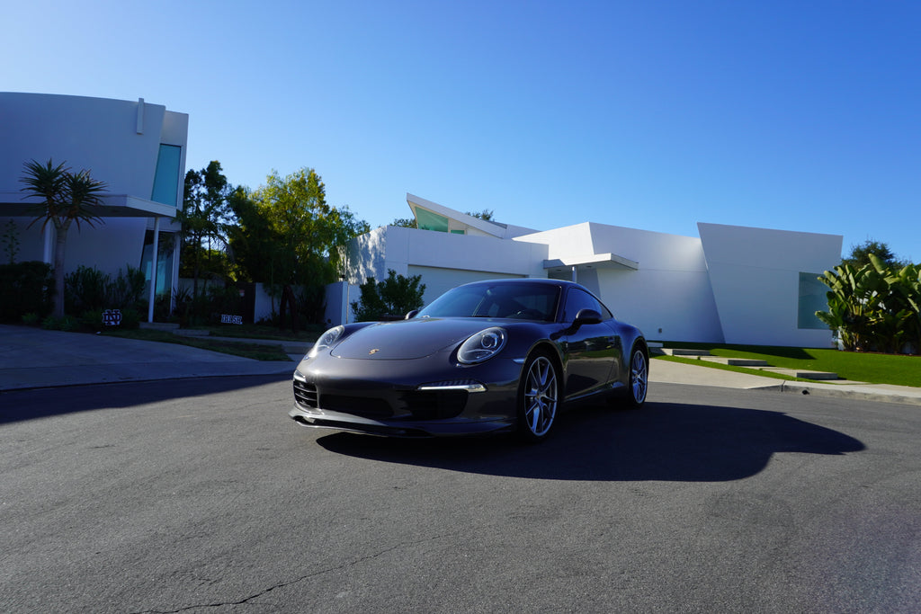 Porsche 991 Carrera Euro GT chin spoiler front bumper splitter in polyurethane, installed on a 2012–2015 model, by BetterBodies Motorsport.