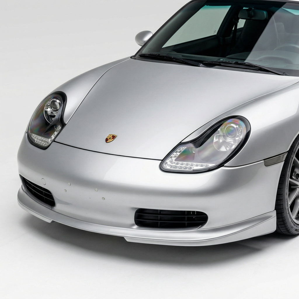 BetterBodies Motorsport Porsche 986 Boxster front chin spoiler in RUF/GT3 RS Spyder style lip, designed for 1997-2004 models.