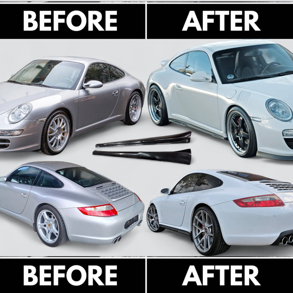 Polyurethane side skirts for Porsche 997 Carrera Mach II narrow body by BetterBodies Motorsport, shown on a 2005–2012 model.