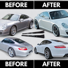 Load image into Gallery viewer, Polyurethane side skirts for Porsche 997 Carrera Mach II narrow body by BetterBodies Motorsport, shown on a 2005–2012 model.