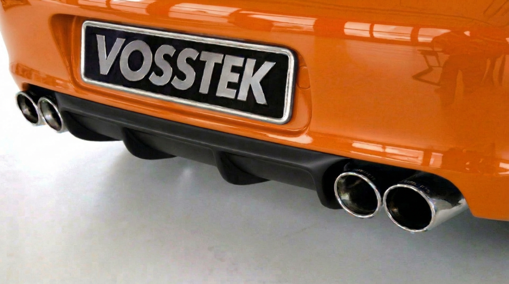 Porsche 997.1 rear diffuser in RUF/Strosek style polyurethane for Carrera and 4S models, shown with license plate, by BetterBodies Motorsport.