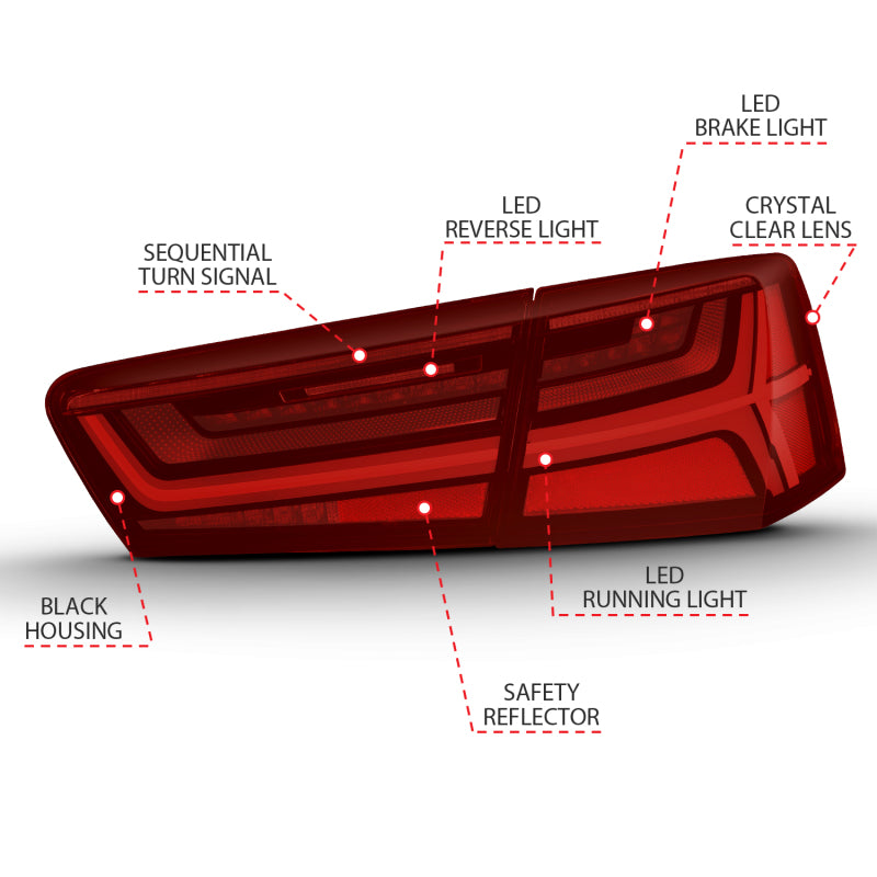 ANZO 321353 FITS: 2012-2018 Audi A6 LED Taillight Black Housing Red/Clear Lens 4 pcs (Sequential Signal) Tail Lights