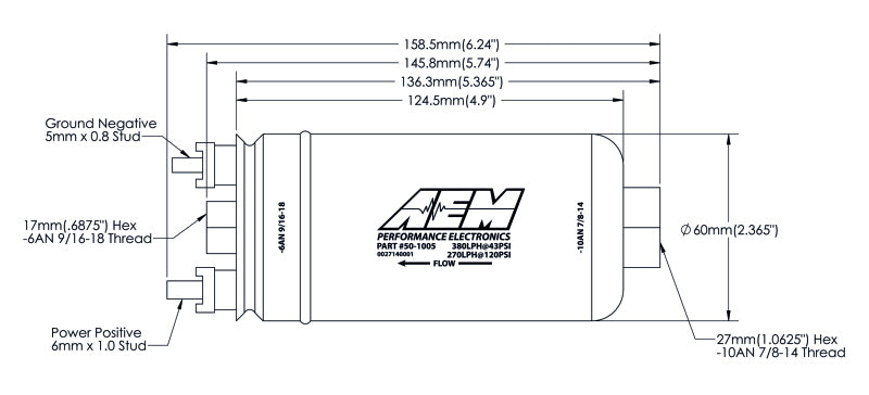 AEM 50-1005 FITS: 380LPH High Pressure Fuel Pump -6AN Female Out, -10AN Female In Fuel Pumps