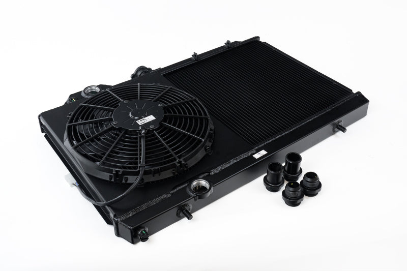 CSF 7075B FITS: 96-07 Mitsubishi Evo 4/5/6/7/8/9 Full-Slim Radiator w/12in Fan & Shroud/-16AN Black Radiators