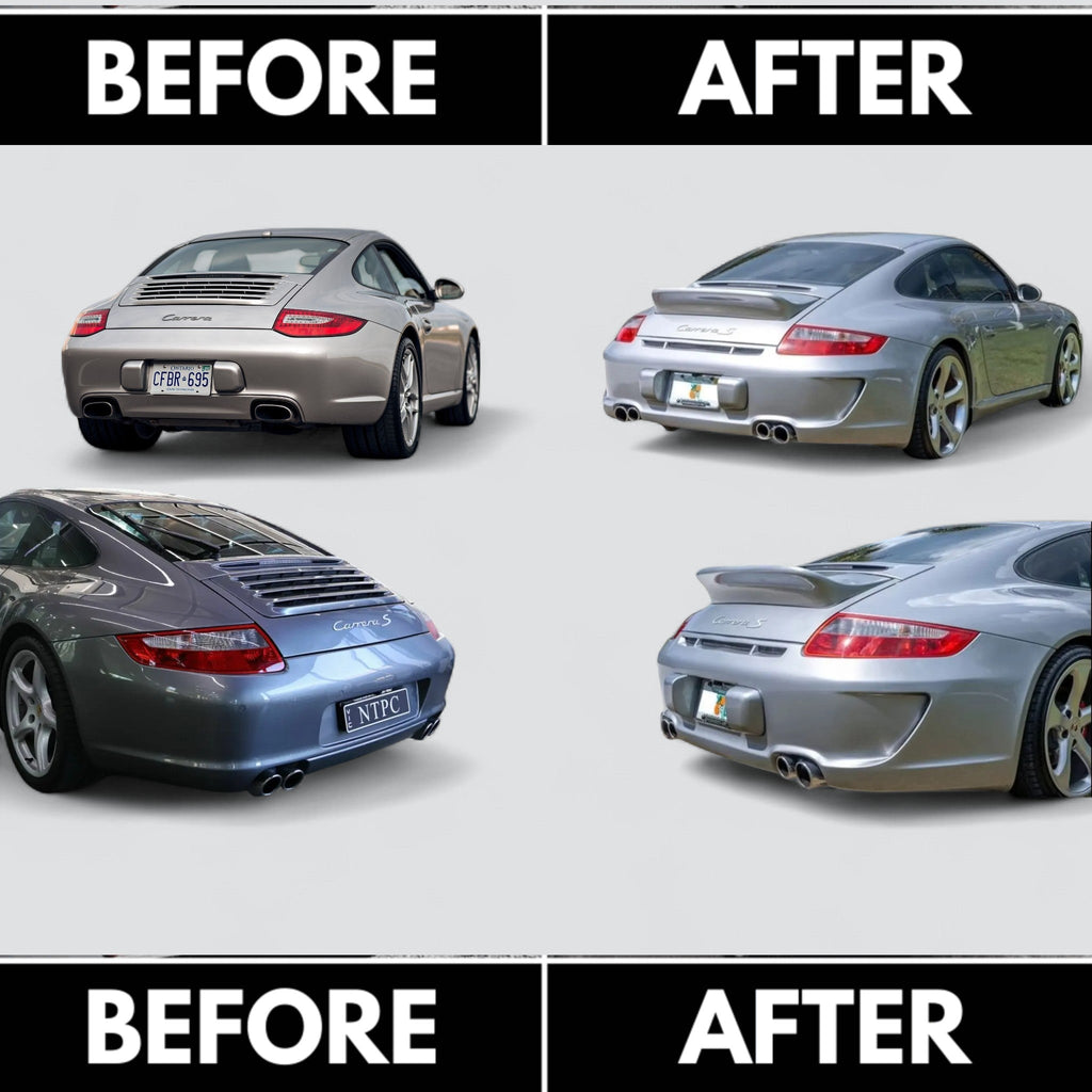 BetterBodies Motorsport Porsche 997.1 Carrera rear bumper in aero racing style for 2005–2008 models, showcasing sleek, sporty design.