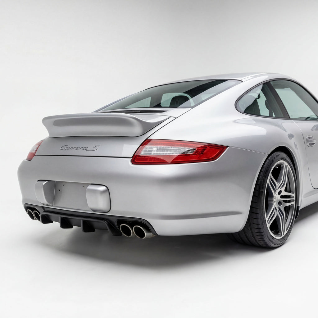 Fiberglass Porsche 997 Carrera ducktail wing by BetterBodies Motorsport, a sleek bolt-on racing spoiler for 2005-2012 Porsche 997.