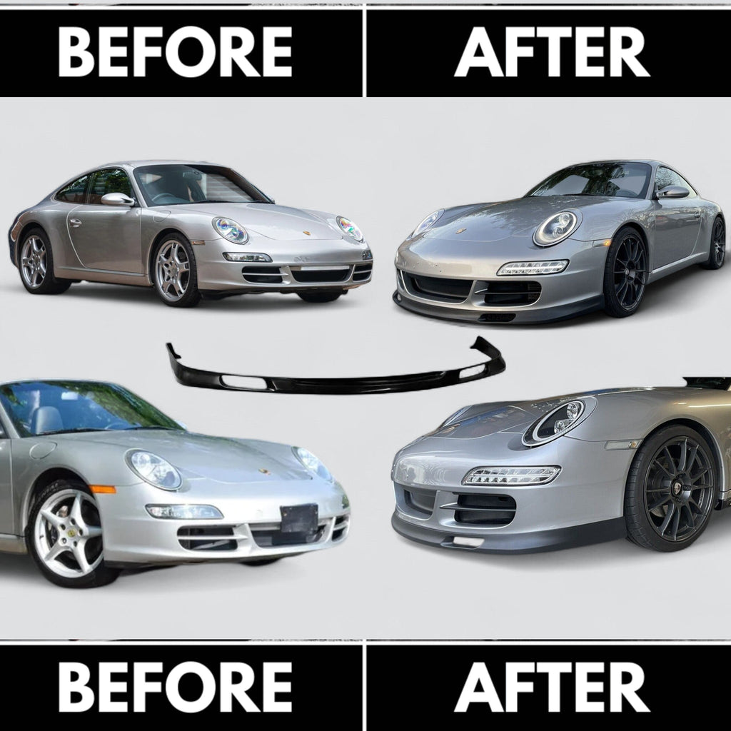 Porsche 997.1 Carrera front spoiler lip in GT3 style, made of polyurethane, installed on 2005–2008 model for improved aerodynamics.