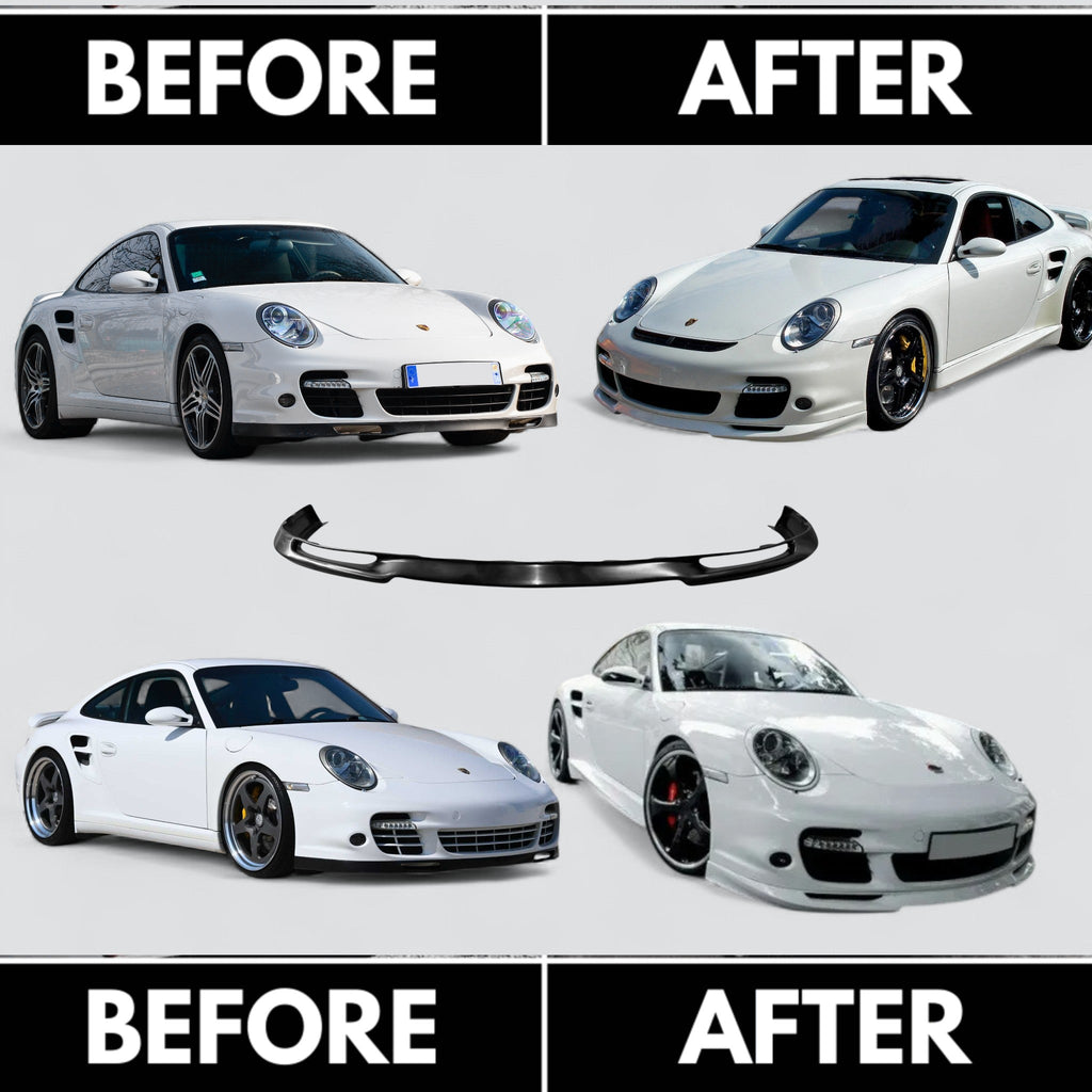 Polyurethane widebody front bumper lip for Porsche 997 Turbo (2007–2009) by BetterBodies Motorsport, designed for enhanced aerodynamics.