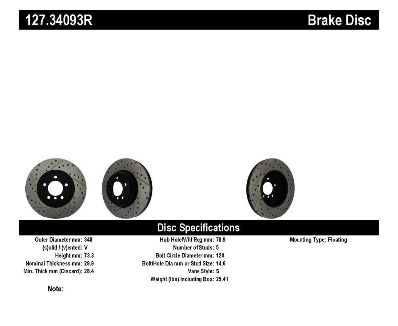 Stoptech 127.34093R FITS:StopTech 07-09 BMW 335 (E90/E92/E93) Slotted & Drilled Right Front Rotor Brake Rotors Slot & Drilled