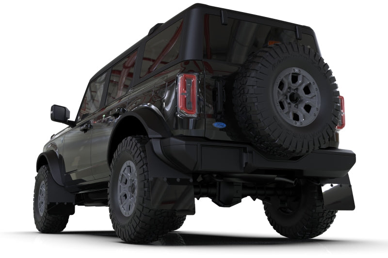 Rally Armor MF85-RR-PL-COR FITS: 21-25 Ford Bronco (Plstc Bmpr + RR NO Rptr/Sprt) Blk Mud Flap w/Cy Orange Logo Mud Flaps