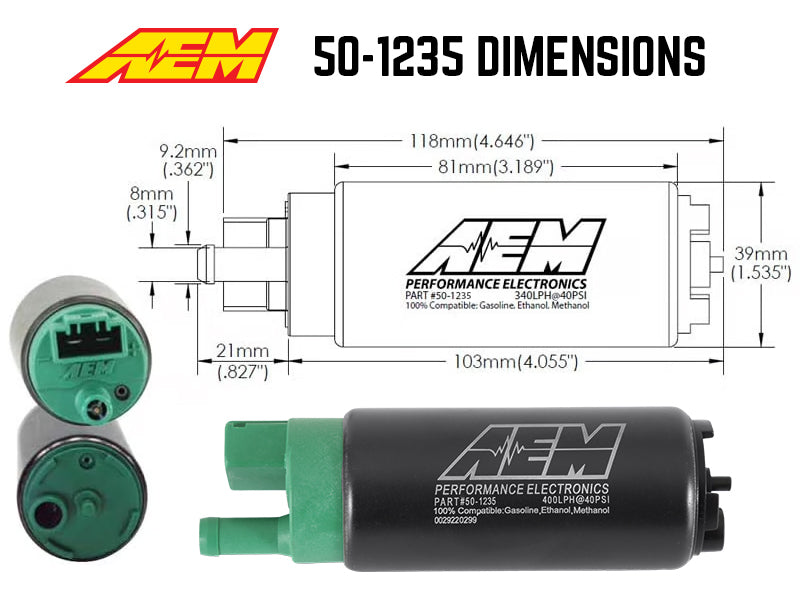 AEM 50-1235 FITS: 400 LPH E85 Compatible Fuel Pump Kit Single Barb Fuel Pumps