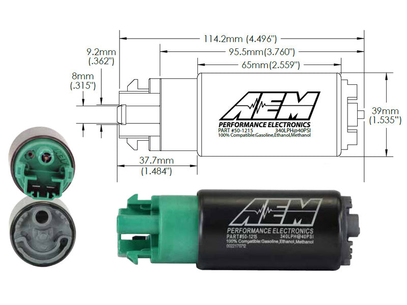 AEM 50-1215 FITS: 340LPH 65mm Fuel Pump Kit w/ Mounting Hooks Ethanol Compatible Fuel Pumps
